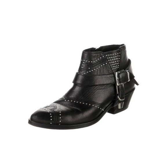 Anine Bing Bianca Leather Studded Accents Ankle Boots Black 6 36 Buckle Harness - Picture 2 of 12
